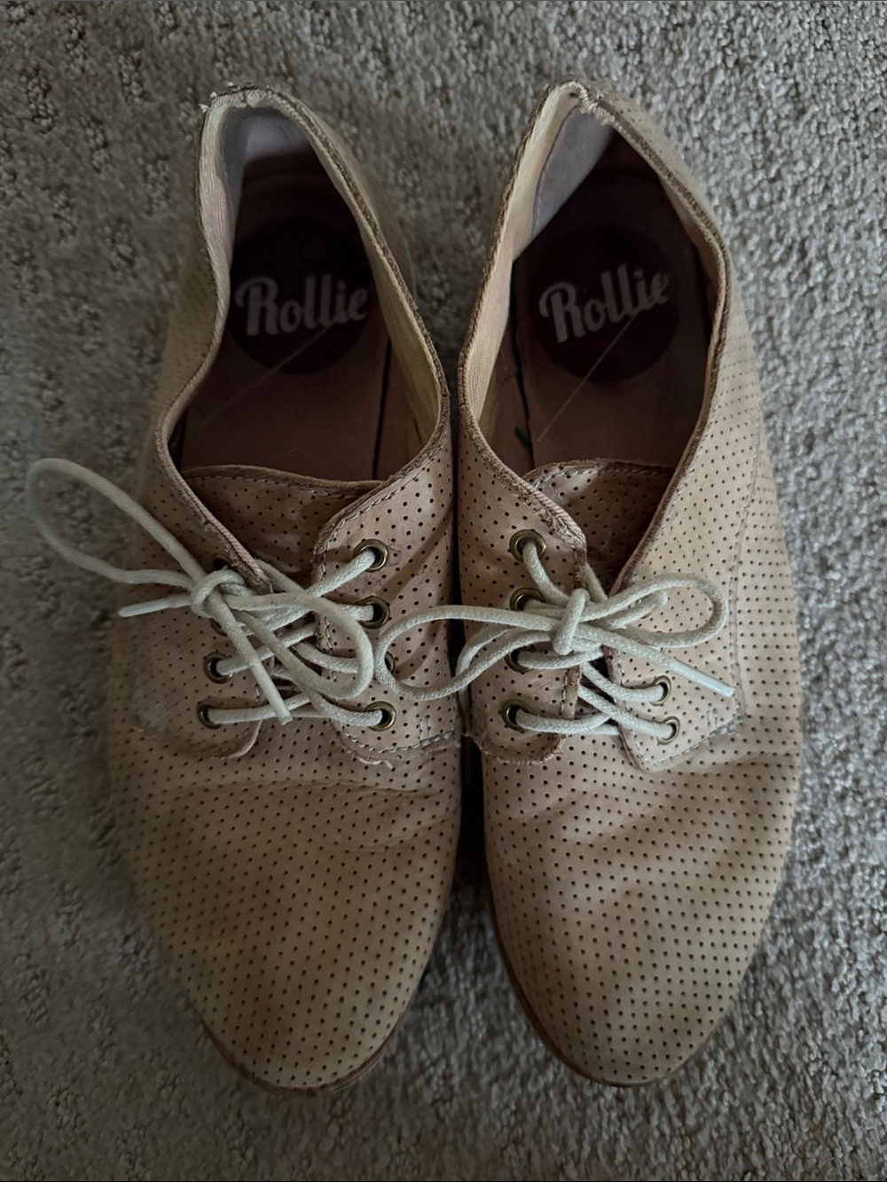 Rollie Beige Perforated Lace-Up Women’s Oxford Flats